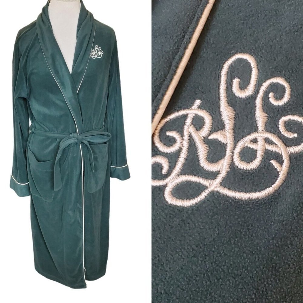 Y2K Lauren Ralph Lauren Dark Green Monogram Velour Robe‎ Mens S/M Shawl Collar